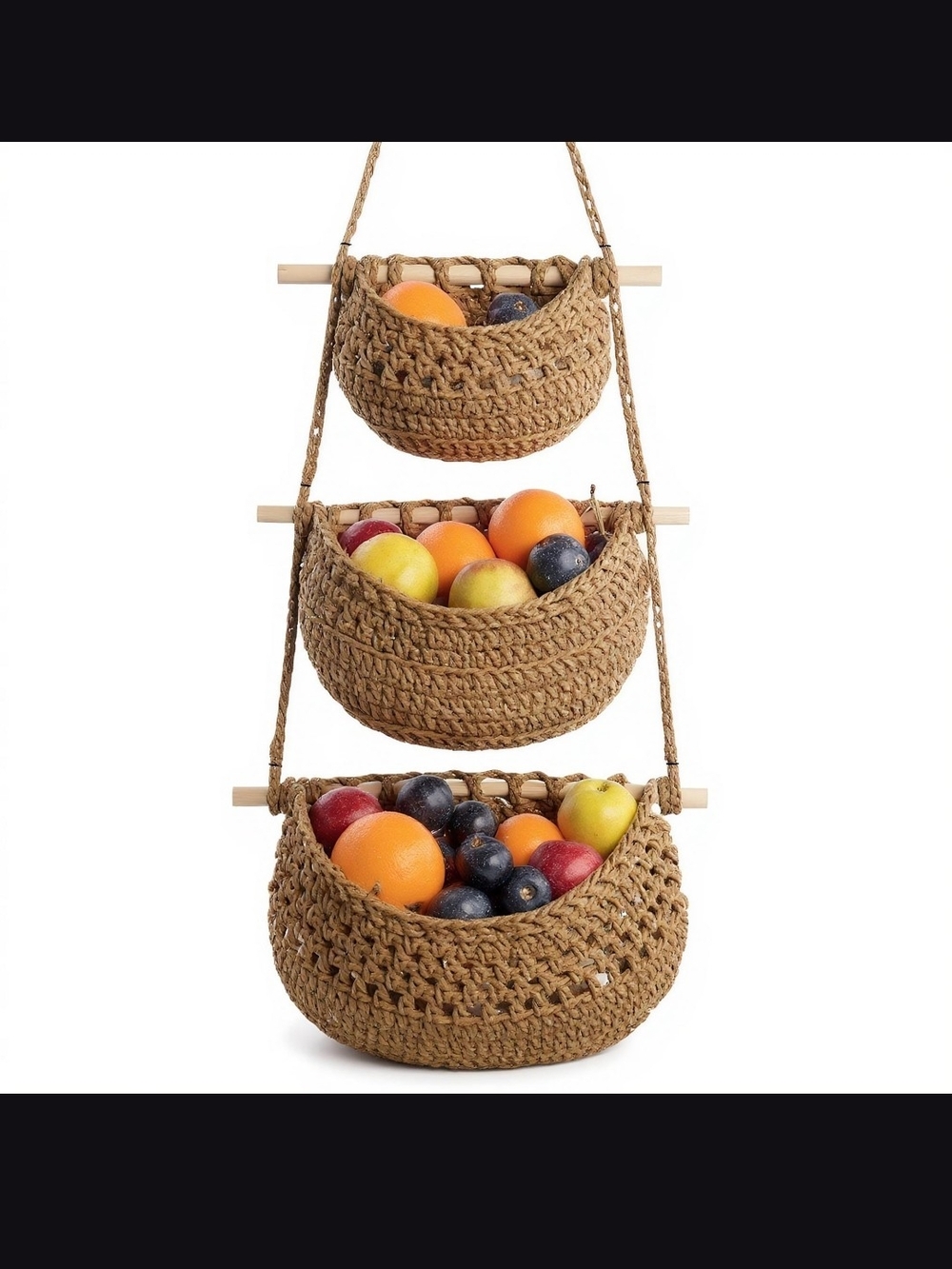 Three-Tier Woven Hanging Basket - Natural Brown